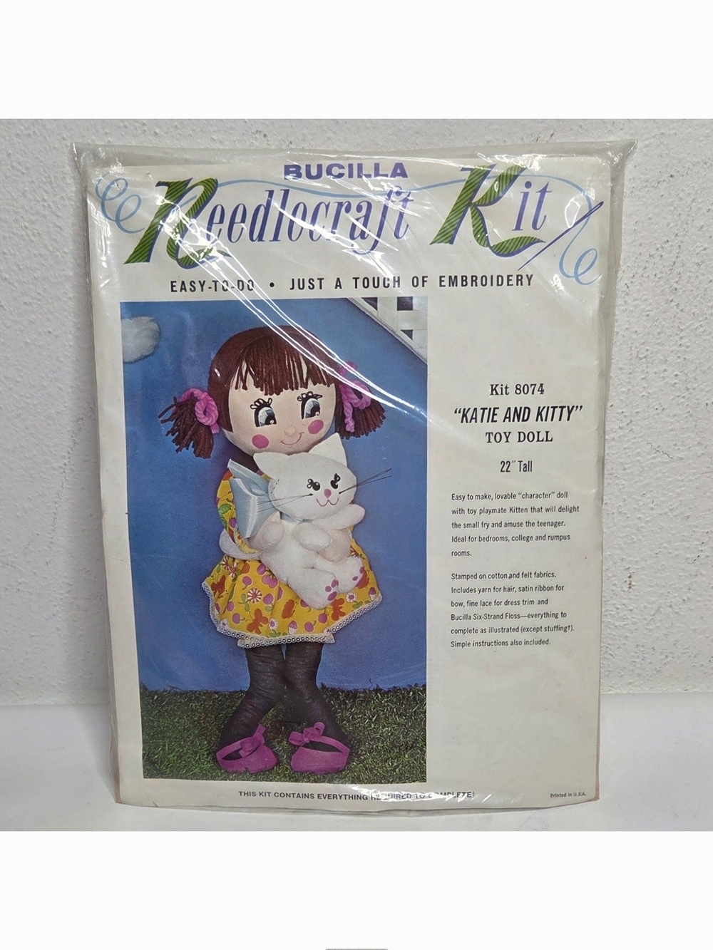 Vintage Bucilla 8074 Creative Needlecraft Kit NOS KATIE KITTY Toy Cloth Doll 22"